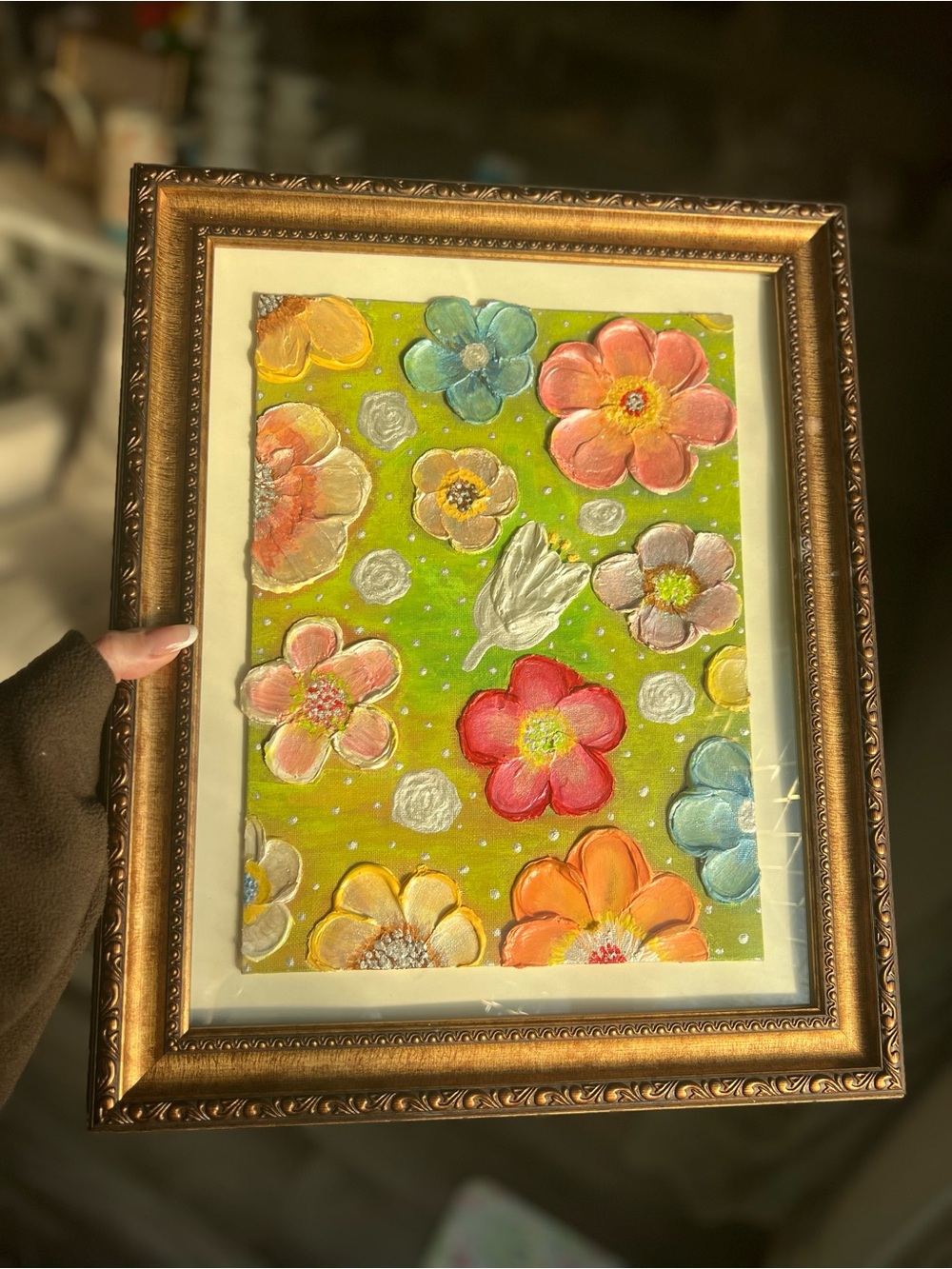 Floral Pop Artwork in Green with Multicolor Flowers - Original